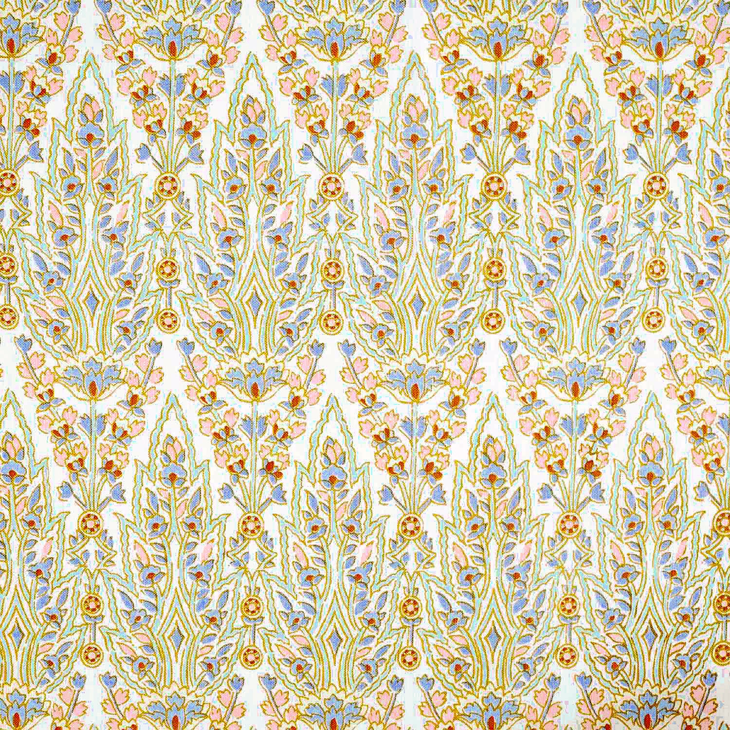 A blue and yellow paisley pattern inspired by Mughal gardens, hand block printed on a white background with traditional craftsmanship, the Marmar Seaglass Fabric by John Robshaw.