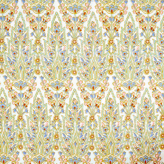 A blue and yellow paisley pattern inspired by Mughal gardens, hand block printed on a white background with traditional craftsmanship, the Marmar Seaglass Fabric by John Robshaw.
