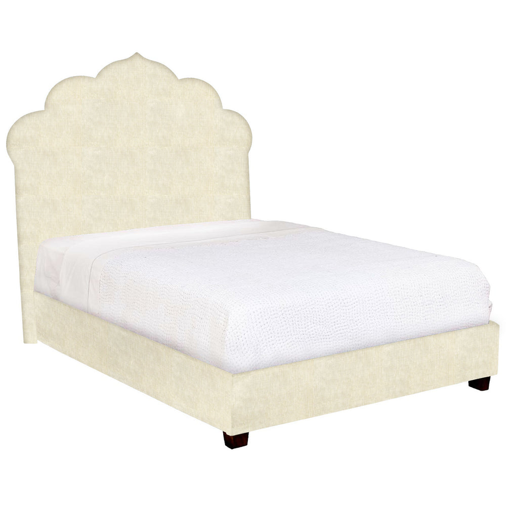A John Robshaw Custom Bihar Bed with a white headboard and footboard, made from fabric.