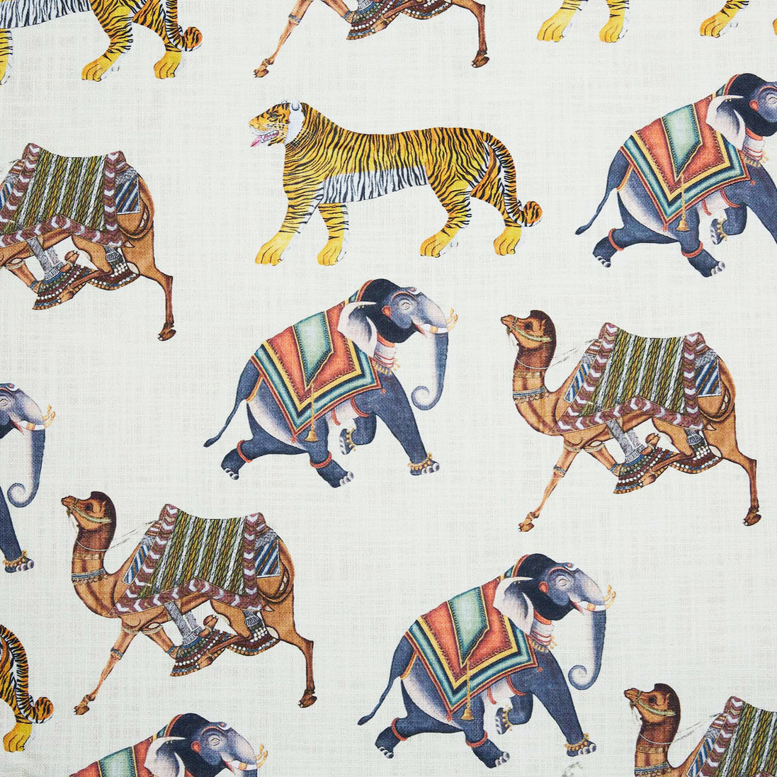 A John Robshaw Palwasha Fabric line featuring elephants, tigers, and camels.
