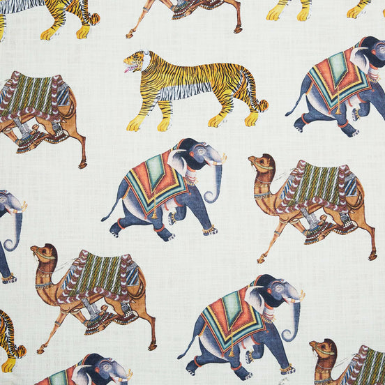 A John Robshaw Palwasha Fabric line featuring elephants, tigers, and camels.