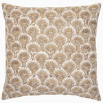 A Divit Metallic Decorative Pillow by John Robshaw, features an embroidered lotus print cushion with a beige and white pattern, metallic gold accents, and a hidden zipper closure. - 29981040410670