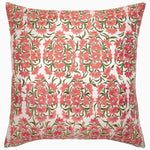 A Kavya Blush Decorative Pillow by John Robshaw, embroidered with a pink and green floral design on linen fabric. - 29980988047406