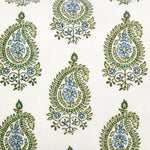 A green and blue paisley pattern on a white fabric, perfect for a Nilay Sage Kidney Pillow by John Robshaw. - 29995405213742