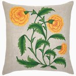 A John Robshaw Sunny Marigold Decorative Pillow with a beautiful hand-painted yellow flower design. - 29995006001198