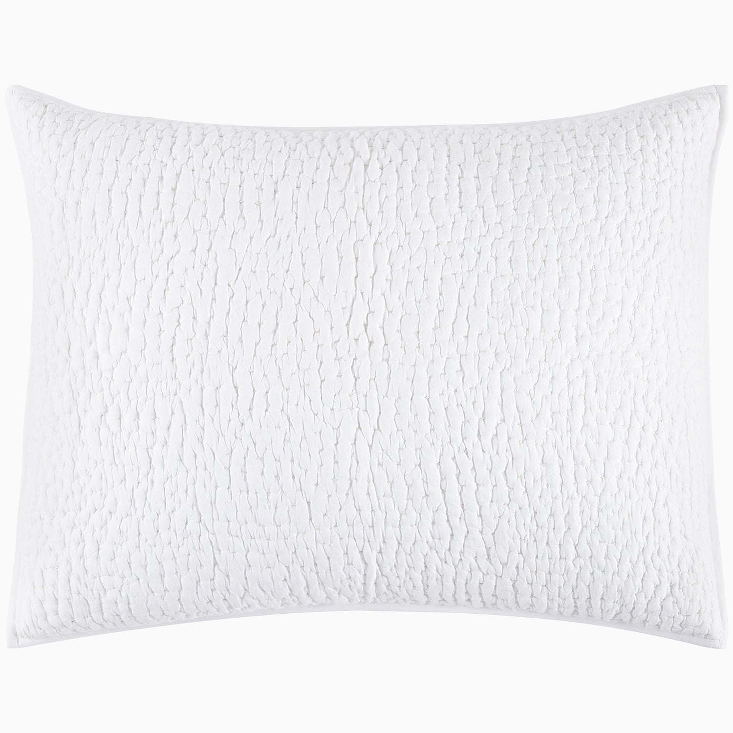 An Organic Hand Stitched White Quilt from John Robshaw with a cotton voile coverlet on a white background.