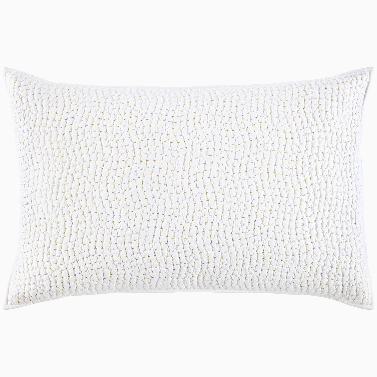 A white pillow with hand stitching and organic cotton voile coverlets, featuring the Organic Hand Stitched Sand Quilt by John Robshaw.