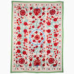 An embroidered tribal textile, known as Garden Peacock Suzani Blanket by Vintage Blankets, showcasing vibrant red and white colors and adorned with beautiful flowers. - 30265252708398