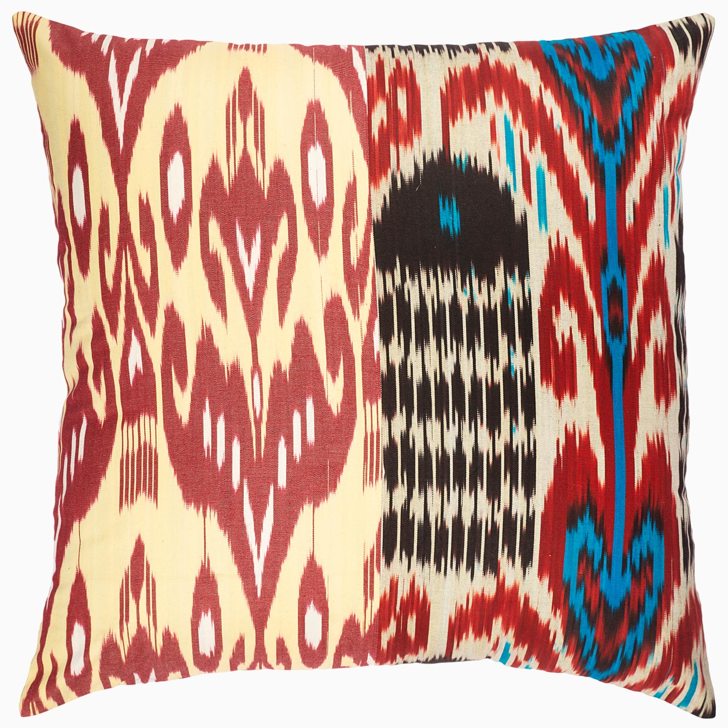 A Red Dark Combo Ikat pillow with a Thai ikat pattern from John Robshaw.