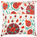 An embroidered Red Suzani Vv cushion with pomegranate flowers, inspired by Central Asian John Robshaw pillows. - 29526436937774