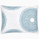 A John Robshaw Lapis Peacock Quilt pillow with a circular pattern in blue and white. - 29981015113774