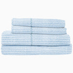 John Robshaw's Cinde Light Indigo Organic Sheet Set is a blue and white chevron sheet set made of 100% cotton percale. - 29385978871854