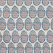A blue and pink paisley pattern on a white background that showcases the Lanka Primrose Performance Fabric by John Robshaw, which highlights fabric-making traditions.