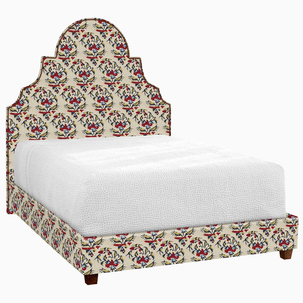 A Custom Dara Bed by John Robshaw with a floral upholstered headboard and footboard available for shipping and white glove delivery.