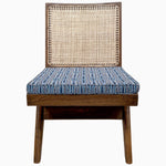 A vintage wooden chair with a blue woven seat, the John Robshaw Armless Easy Chair in Vega Turquoise. - 29410471608366