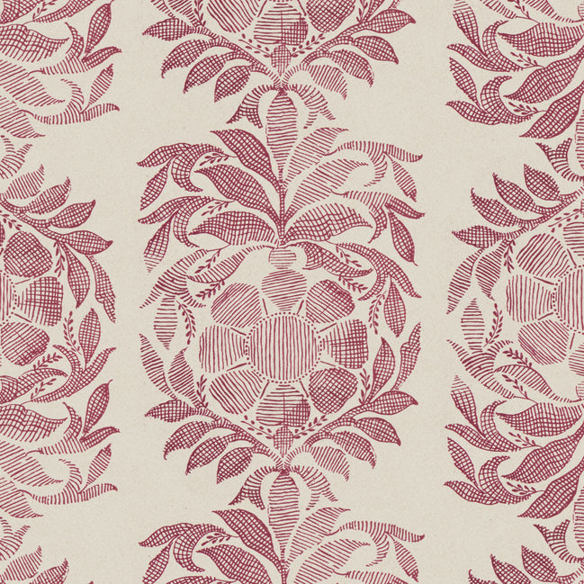 A burgundy and beige floral pattern on a beige background, digitally printed for exceptional Yashi Berry Fabric quality by John Robshaw.
