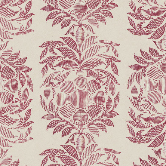 A burgundy and beige floral pattern on a beige background, digitally printed for exceptional Yashi Berry Fabric quality by John Robshaw.