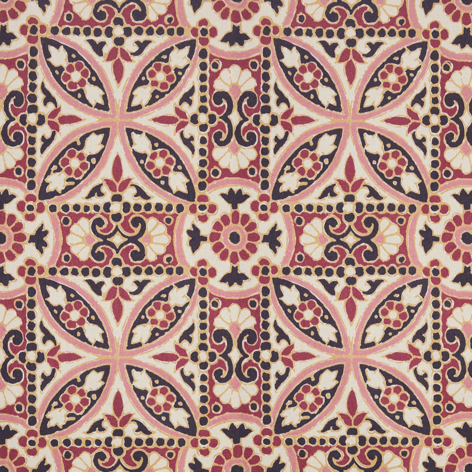 A pink and black Oman Berry Fabric tile with a floral design, featuring a block print pattern by John Robshaw.