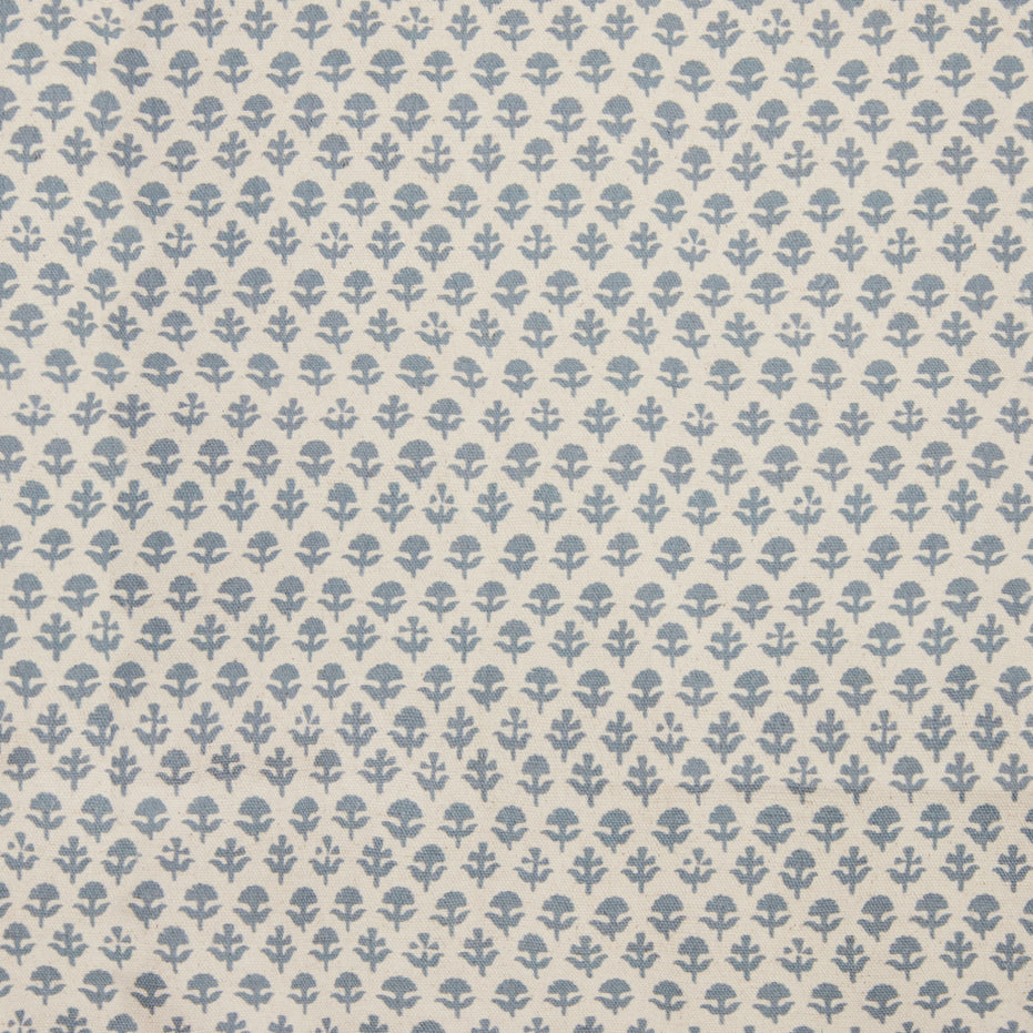 A John Robshaw Bindi Slate Fabric with a blue and white floral pattern.