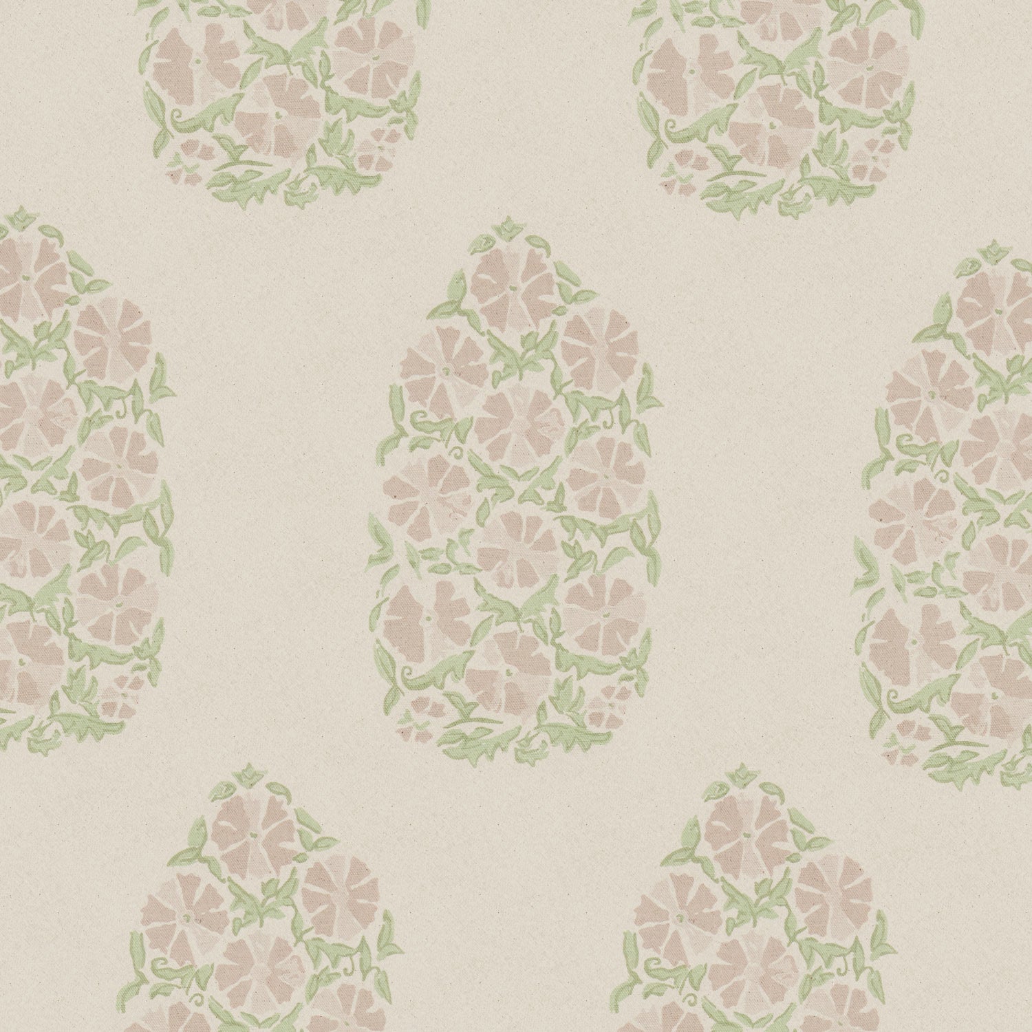 An oversized Saanya Sage Fabric wallpaper with green and pink flowers on it by John Robshaw.