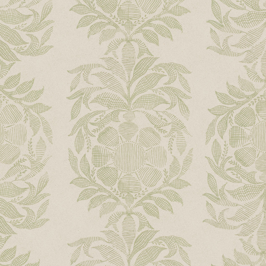 A John Robshaw Yashi Sage Fabric with a green and beige printed design.