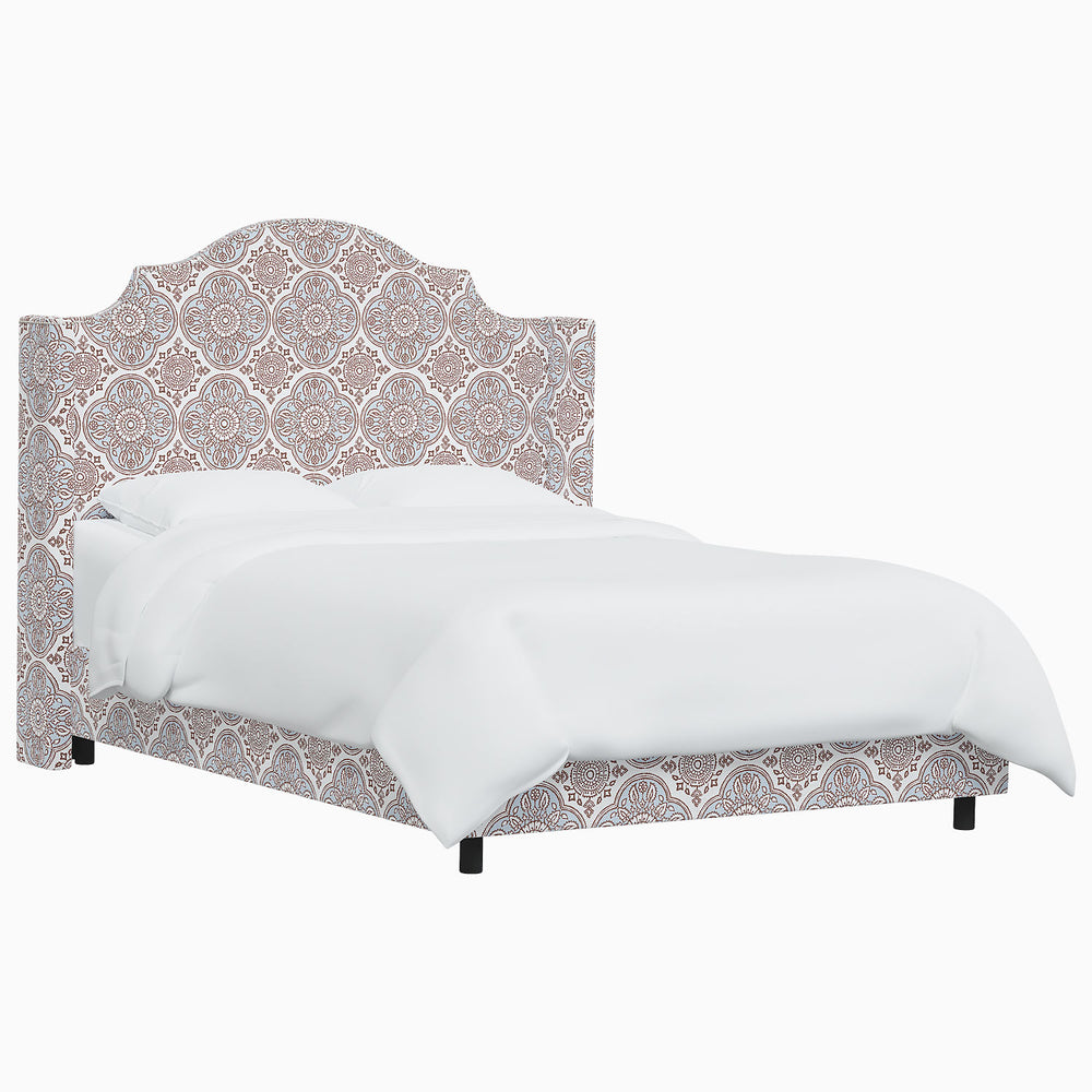 The John Robshaw Samrina Bed features a captivating white and brown patterned headboard inspired by Mughal arches.
