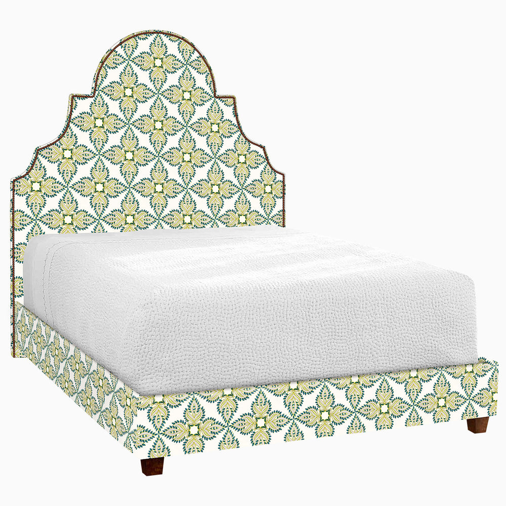 A Custom Dara Bed by John Robshaw with a green and yellow floral pattern available for shipping.