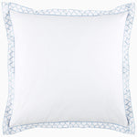 A white pillow with blue trim featuring embroidered designs and made from Stitched Light Indigo Organic Sheets by Sheets & Cases. - 30252477808686