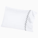 A white Stitched Ink Organic Sheets pillow with black embroidered designs from John Robshaw. - 30273364197422