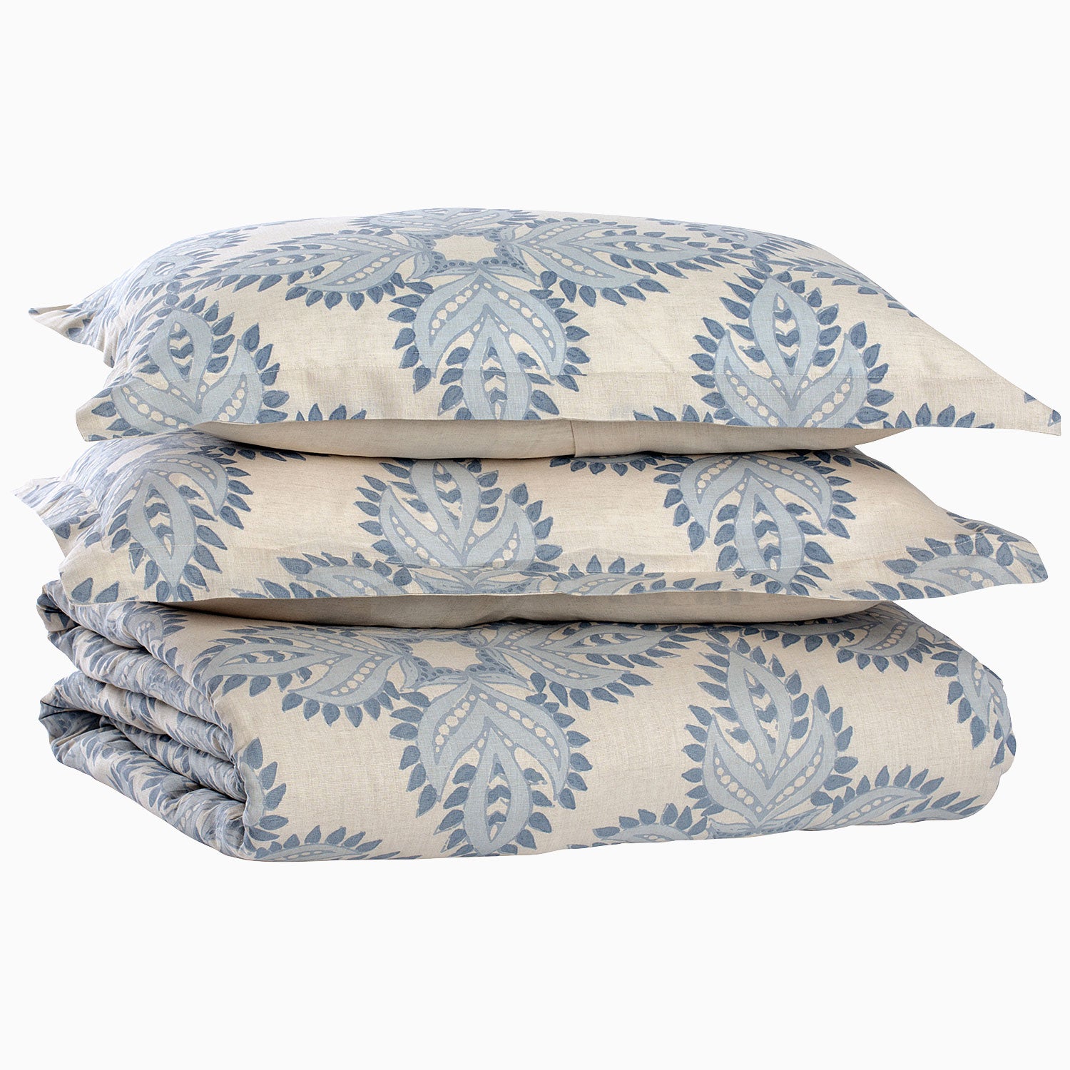 A stack of blue and white Dasati Duvet Set pillows on top of each other, by John Robshaw.