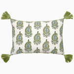 A Nilay Sage Kidney Pillow by John Robshaw, with a green and blue paisley design and tassels. - 30046113693742