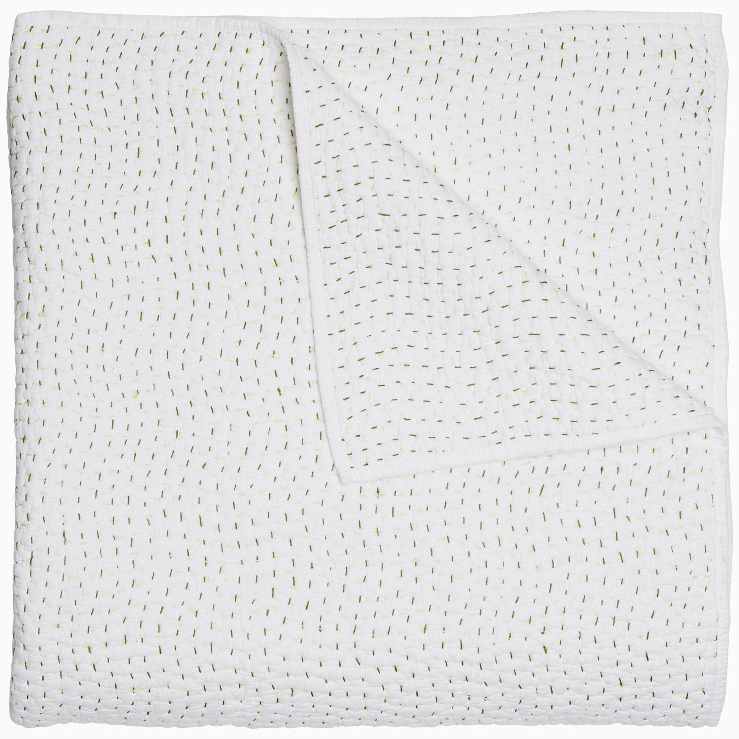 A John Robshaw Organic Hand Stitched Moss Quilt with hand stitched, gold dots on it.