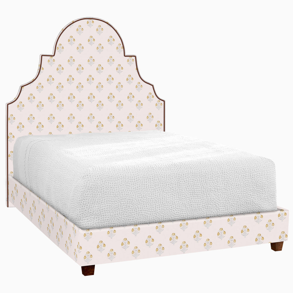 A Custom Dara Bed with a white patterned headboard and footboard available for shipping or white glove delivery, by John Robshaw.