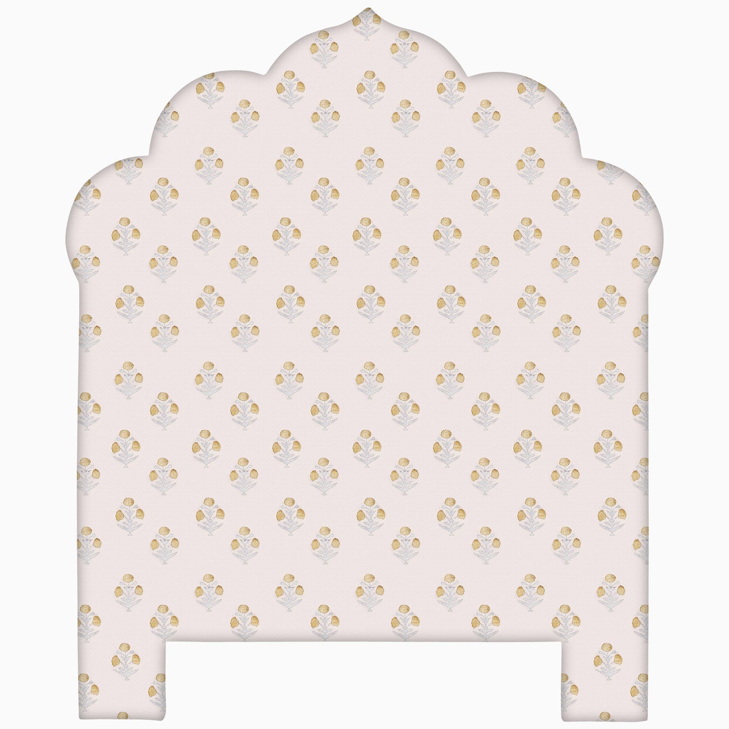 A John Robshaw handmade pink and gold floral pattern on a white background for the Custom Bihar Headboard.
