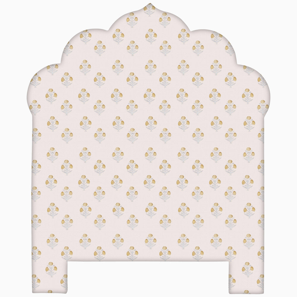 A John Robshaw handmade pink and gold floral pattern on a white background for the Custom Bihar Headboard.