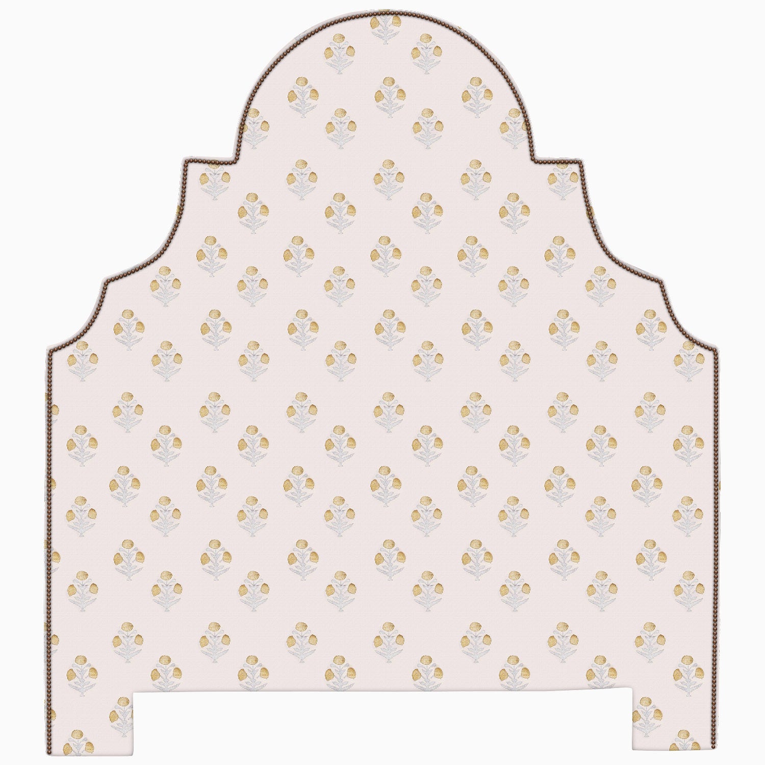 A pink Custom Dara headboard with a gold floral pattern, available for shipping within the given lead time. (Brand Name: John Robshaw)