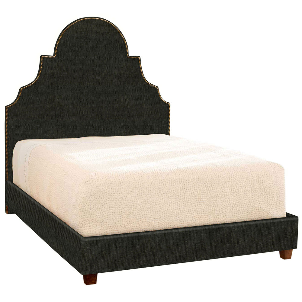 A Custom Dara Bed from the John Robshaw brand, featuring a black headboard and footboard, available for shipping with a white glove delivery option.