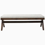 A vintage wooden John Robshaw bench in Lanka Clay with a patterned upholstered seat. - 29410429993006