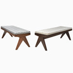 A pair of John Robshaw's vintage wooden benches adorned with a pattern, inspired by the Chandigarh project. - 29410430648366
