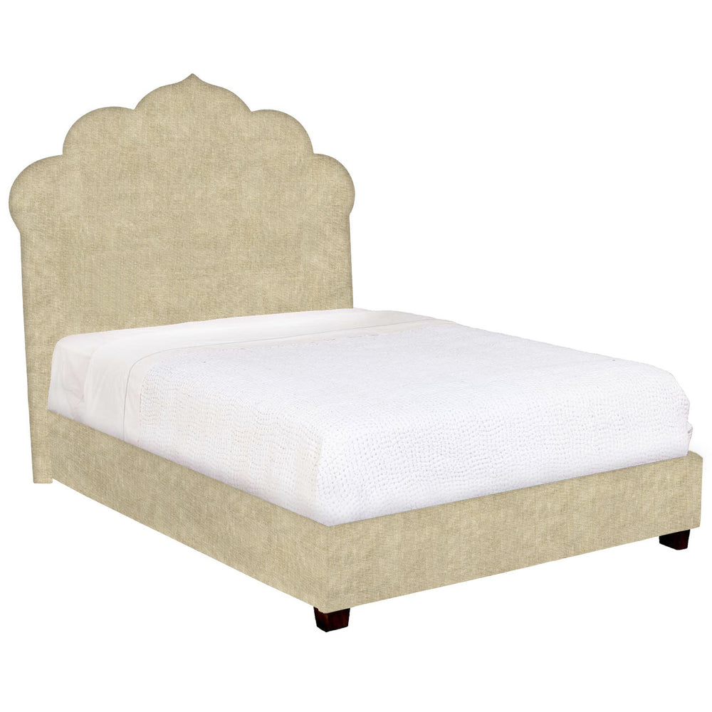 A Custom Bihar Bed by John Robshaw with a fabric beige headboard and footboard.