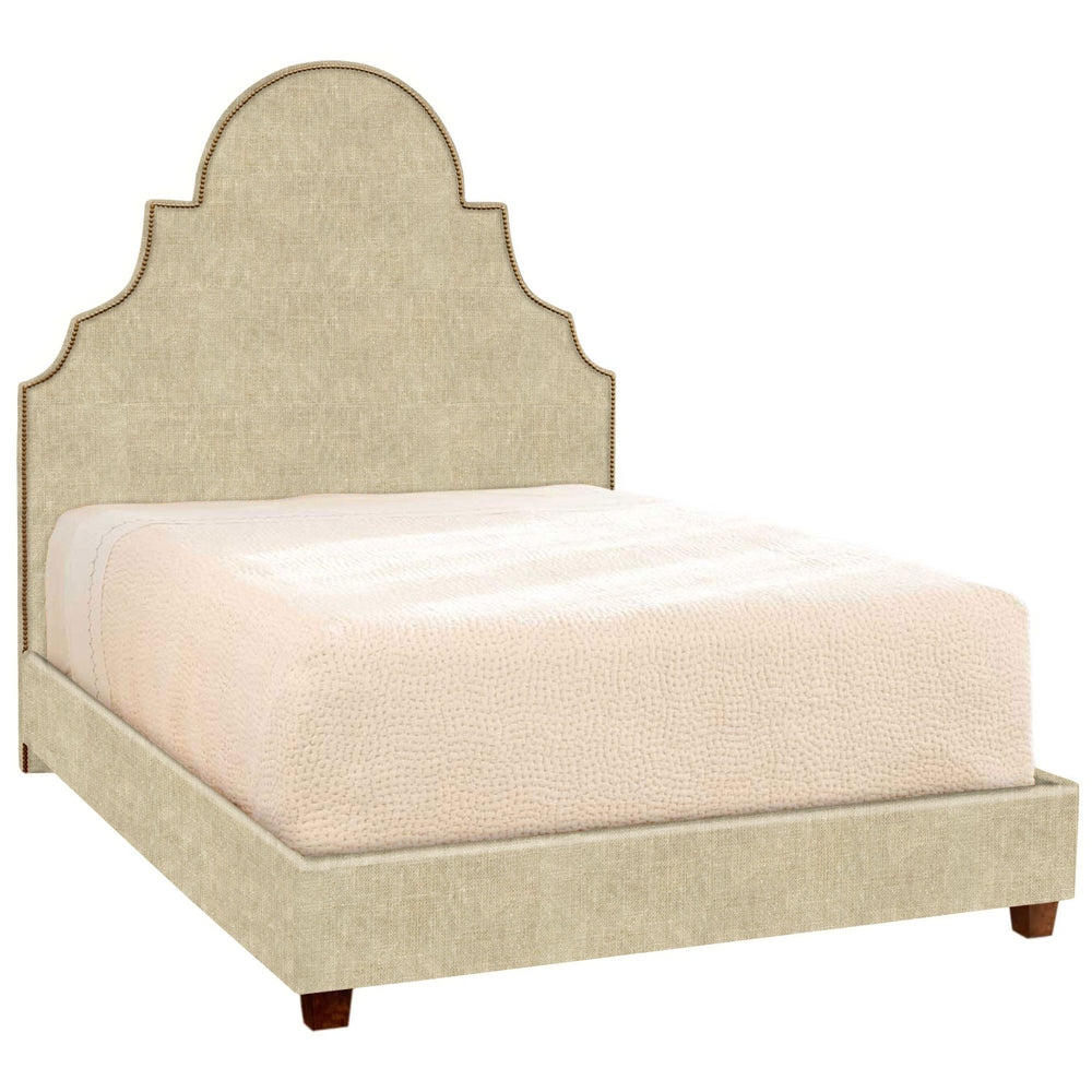 A beige upholstered Custom Dara Bed by John Robshaw with an ornate headboard available for white glove delivery.