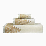 A John Robshaw Nadir Pearl White/ Gold Bath Towel set with an antique paisley pattern. - 30253812252718