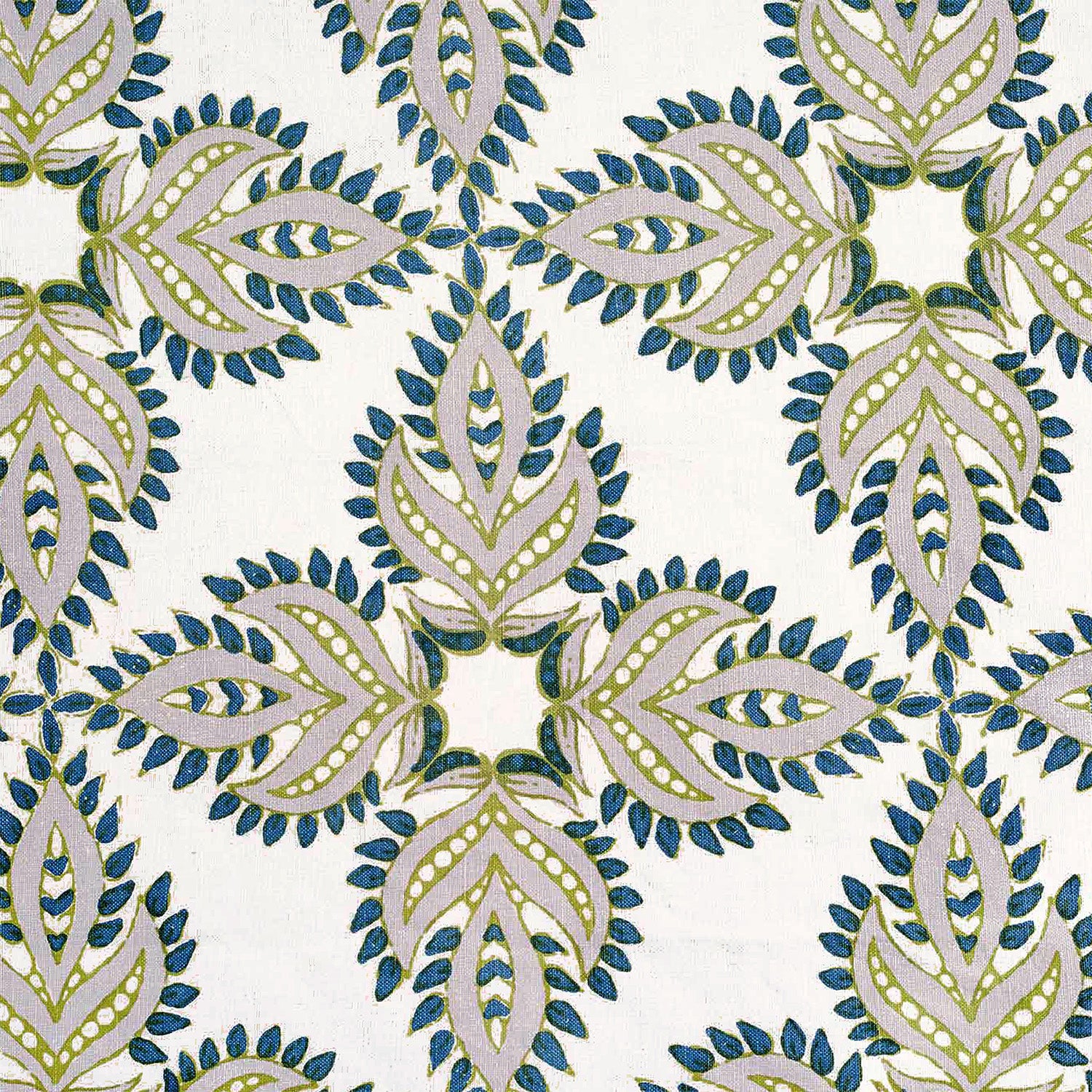A Diba Peacock Fabric by John Robshaw, hand block printed with a blue and green floral pattern on a white background, featuring a protective symbol known as nazar.