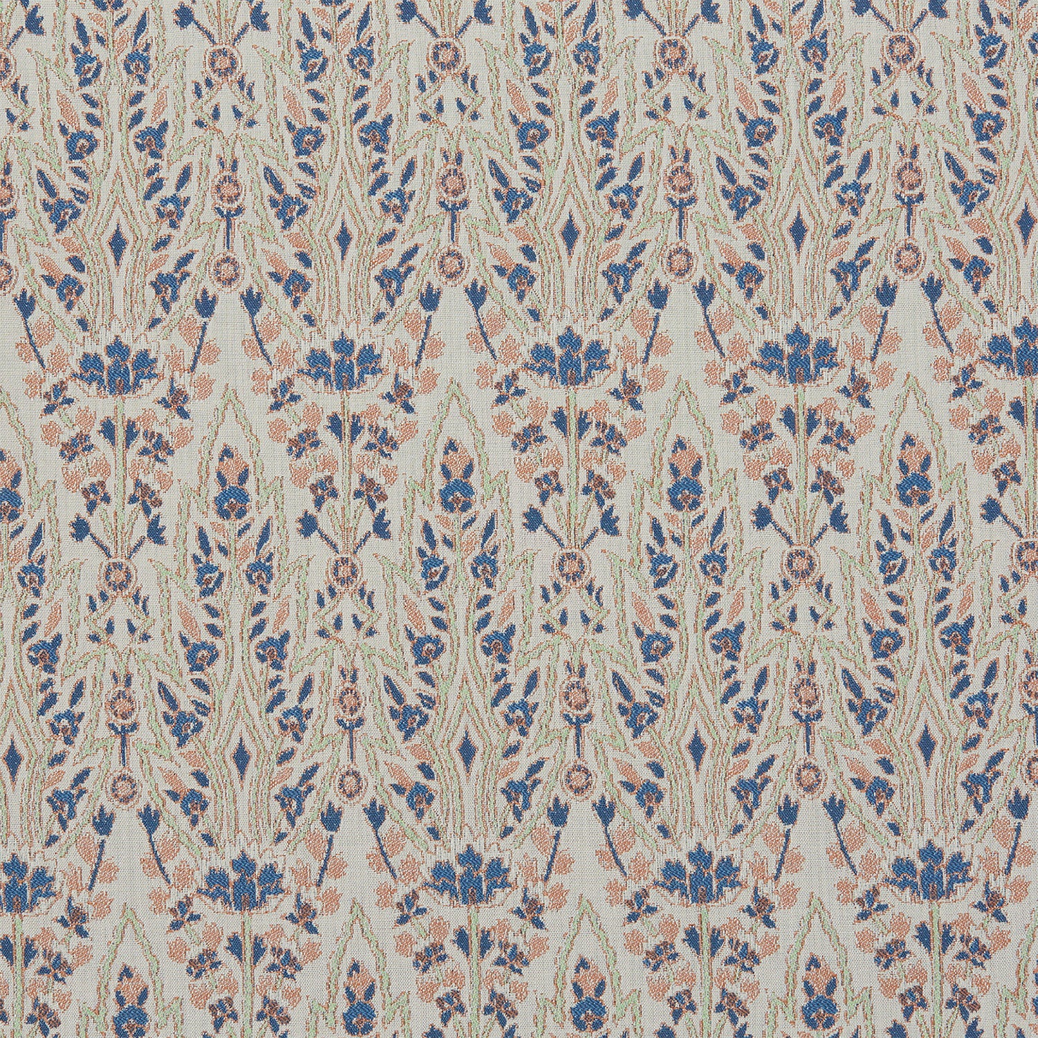 A blue and pink floral pattern reminiscent of Mughal gardens on John Robshaw's Marmar Primrose Performance Fabric.