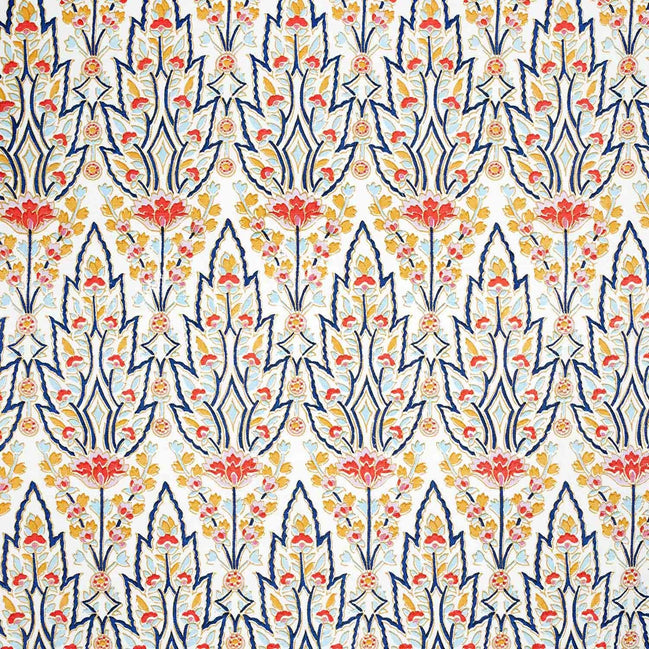 A hand block printed Marmar Kashmir Fabric blue and orange floral pattern on a white background, inspired by Mughal gardens, by John Robshaw.