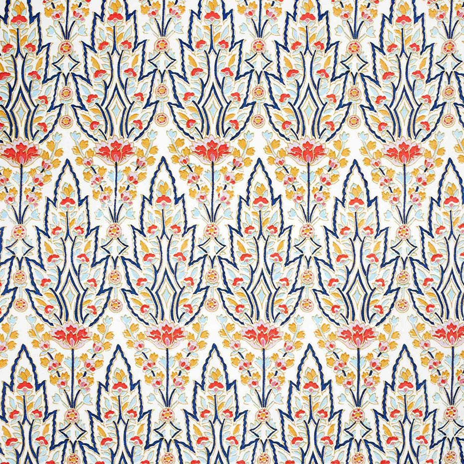 A hand block printed Marmar Kashmir Fabric blue and orange floral pattern on a white background, inspired by Mughal gardens, by John Robshaw.