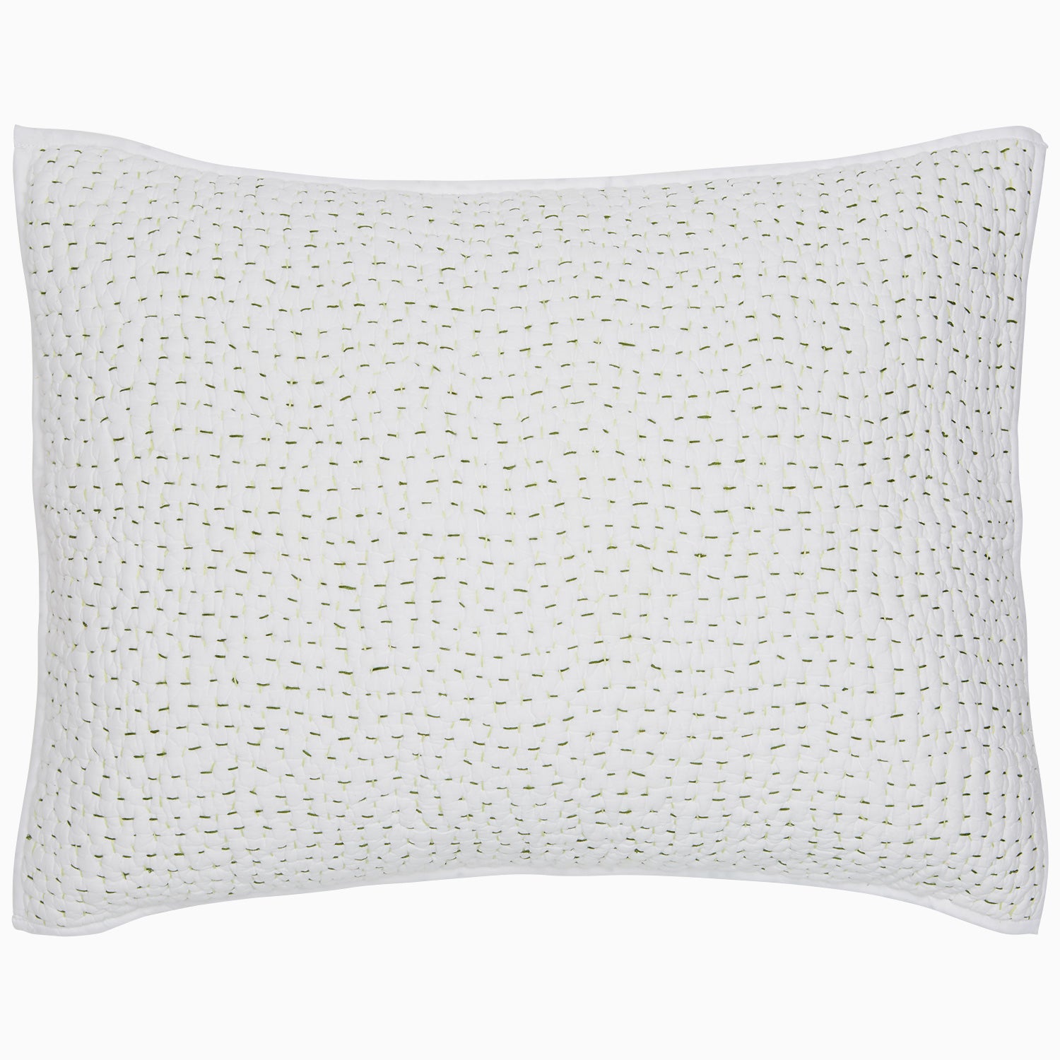 A white Organic Hand Stitched Moss Quilt pillow with hand stitched green dots on organic cotton voile by John Robshaw.