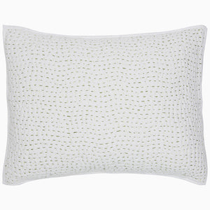 A white Organic Hand Stitched Moss Quilt pillow with hand stitched green dots on organic cotton voile by John Robshaw.