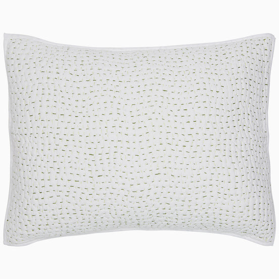 A white Organic Hand Stitched Moss Quilt pillow with hand stitched green dots on organic cotton voile by John Robshaw.